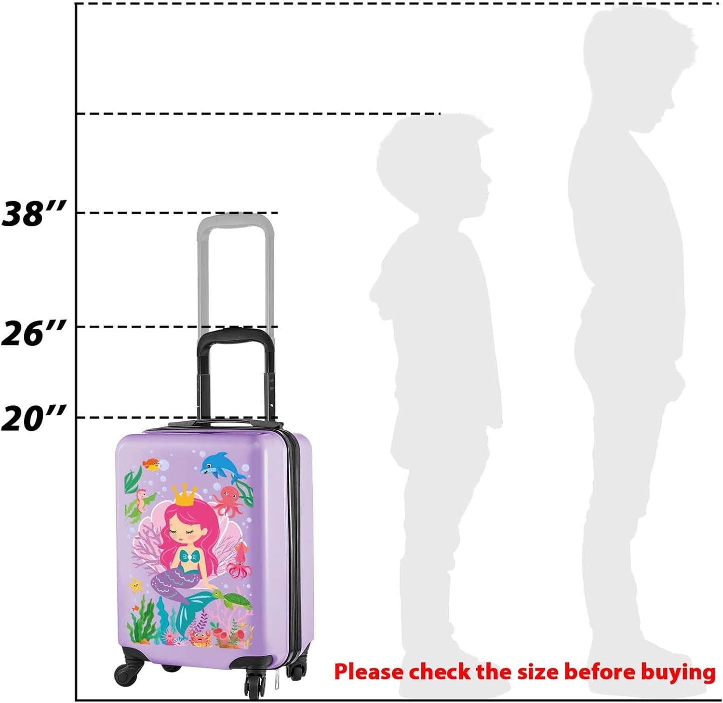 Sanwuta 4 Pcs Kids Luggage Set Kids Backpack Travel Rolling Suitcase with Wheels U-shape Pillow Childrens Gift for Girls Boys(20 Inch,Mermaid Style,Purple)