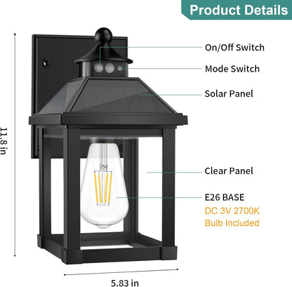 2Pack Solar Porch Lights Outdoor, Solar Sconce Lights Outdoor with Motion Sensor, Waterproof Wall Light with Clear Panel for Garage, Porch, Yard, Front Door,5.8 * 5.8 * 11.8in
