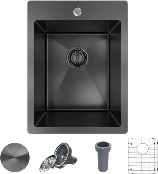 15x20 Drop In Bar Sink Black, 15 Inch Gunmetal Black Wet Bar Sink 18 Gauge Single Bowl Topmount Stainless Steel Small Kitchen Sink with Basket Strainer Drain & Bottom Grid