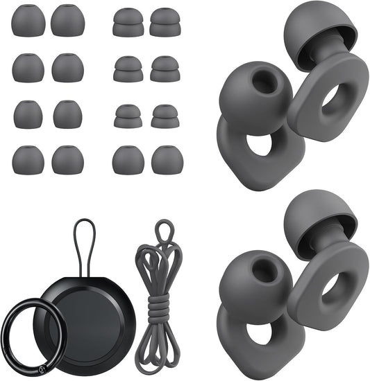 2 Pairs of Earplugs for Sleeping,Reusable Hearing Protection Earplugs with 8 Pairs Ear Tips & One Connector Cord,Soft Earplugs for Noise Reduction,Concert,Musician & Work - 25dB-30dB, Grey