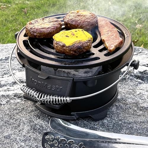 Round Mini Hibachi Grill Outdoor, Portable Small Charcoal Camping Barbecue Grill, 100% Cast Iron, Durable - Coal Door, Draft Door, Ideal for 2 People