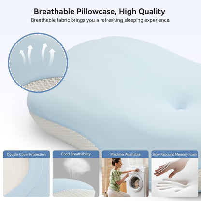 Cervical Pillow for Neck and Shoulder Support, Memory Foam Ergonomic Contour Orthopedic Bed Pillows with Adjustable Height & Breathable Pillowcase for Side, Back, Stomach Sleepers(Blue)
