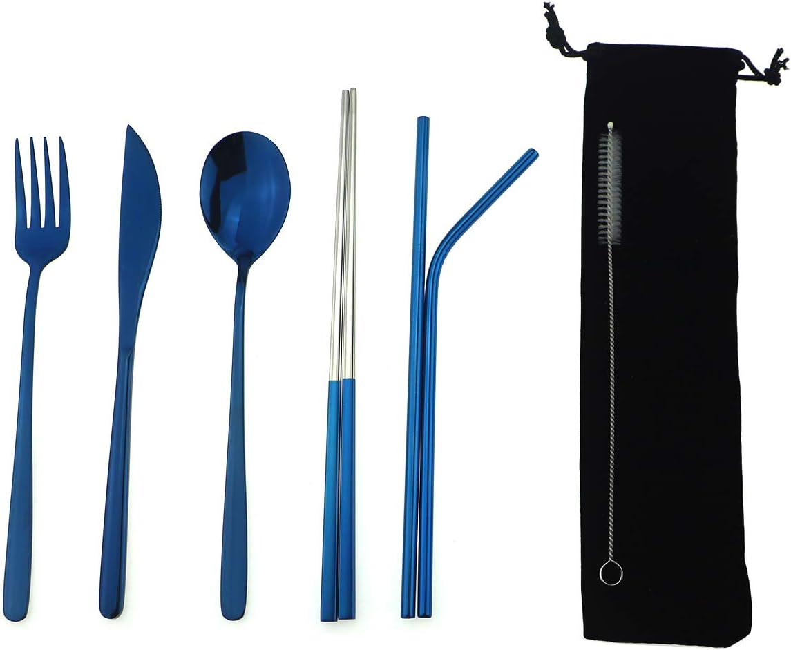 7 Pcs Portable Flatware Set, 304 Stainless Steel Cutlery Set Travel Utensils Set w/Pouch Fork Spoon Chopsticks Straws for Travel Camping Office School, Dishwasher Safe & Eco-Friendly (Blue)