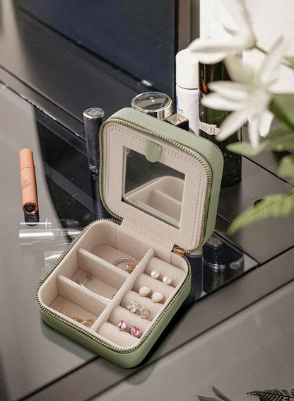 S.Leaf Travel Jewelry Organizer Travel Jewelry Boxes for Women Small Jewelry Travel Case Box Portable Travel Jewelry Case Travel Case Mini Jewelry (04_Lychee_Sage_Green)
