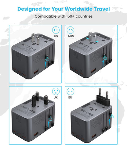 Universal Travel Adapter, VINTAR 75W GaN International Power Adapter with 3 USB-C PD and 2 USB-A QC Charging Ports, All-in-one Outlet Converter Wall Charger for Europe UK USA AUS(Type C/G/A/I), Grey