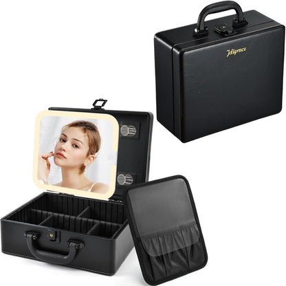 Joligrace Makeup Box with Detachable Lighted Mirror, Travel Train Case, Portable Makeup Case Cosmetic Organizer Vanity Cases for Women with Adjustable Dividers, Rechargeable Magnetic LED Mirror, Black