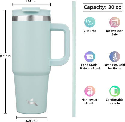30 oz Tumbler with Handle and 2 Straws,2 in 1 Lid Insulated Water Bottle Stainless Steel Travel Coffee Mug,Blue Haze