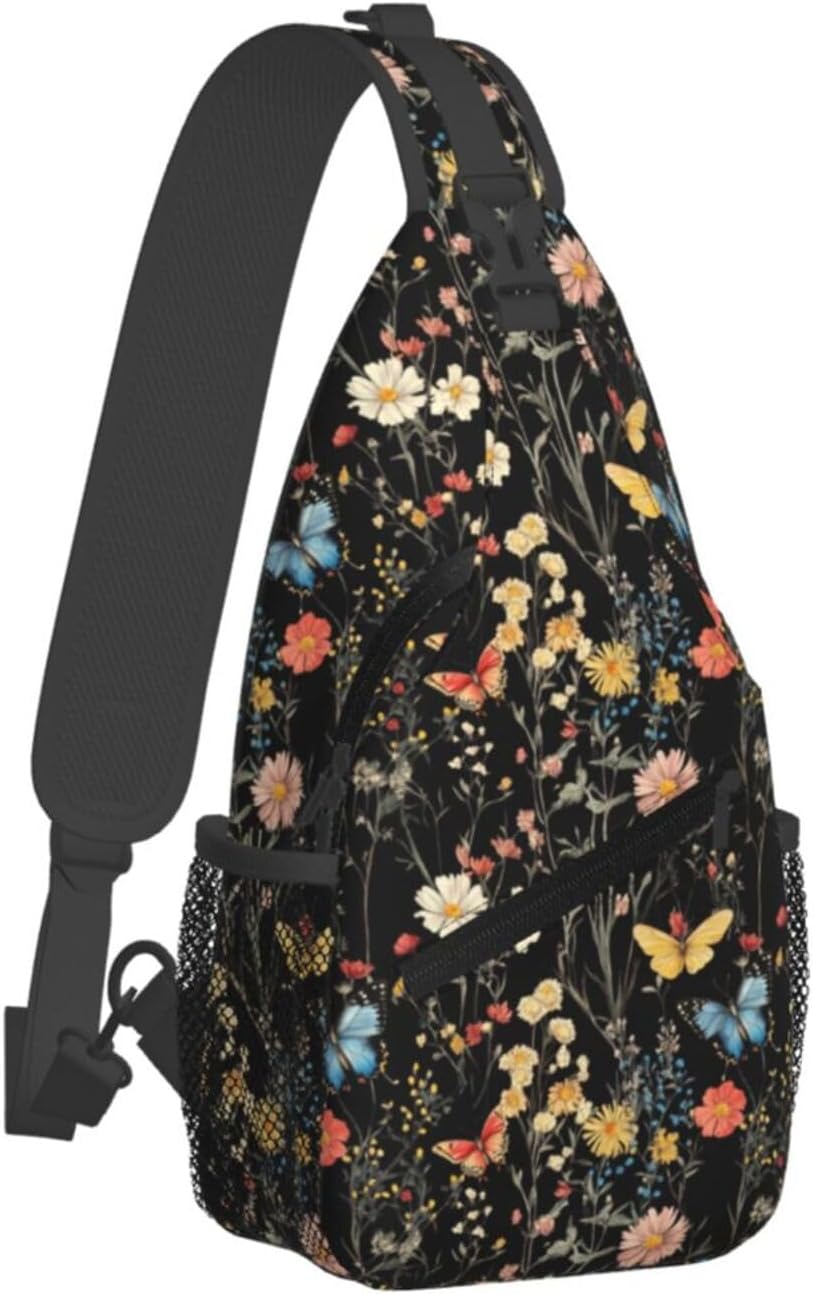 SUPLUCHOM Sling Bag Wildflower Botanical Butterfly Flower Hiking Daypack Crossbody Shoulder Backpack Travel Chest Pack for Men Women