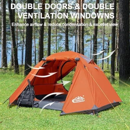 2-3 Person Backpacking Tent with Double Door 2 Vestibule, Waterproof Windproof Lightweight Easy Set Up 3 Season 2 Man Two Person Tent for Camping, Hiking, Motorcycle, Mountaineering with UPF 50+