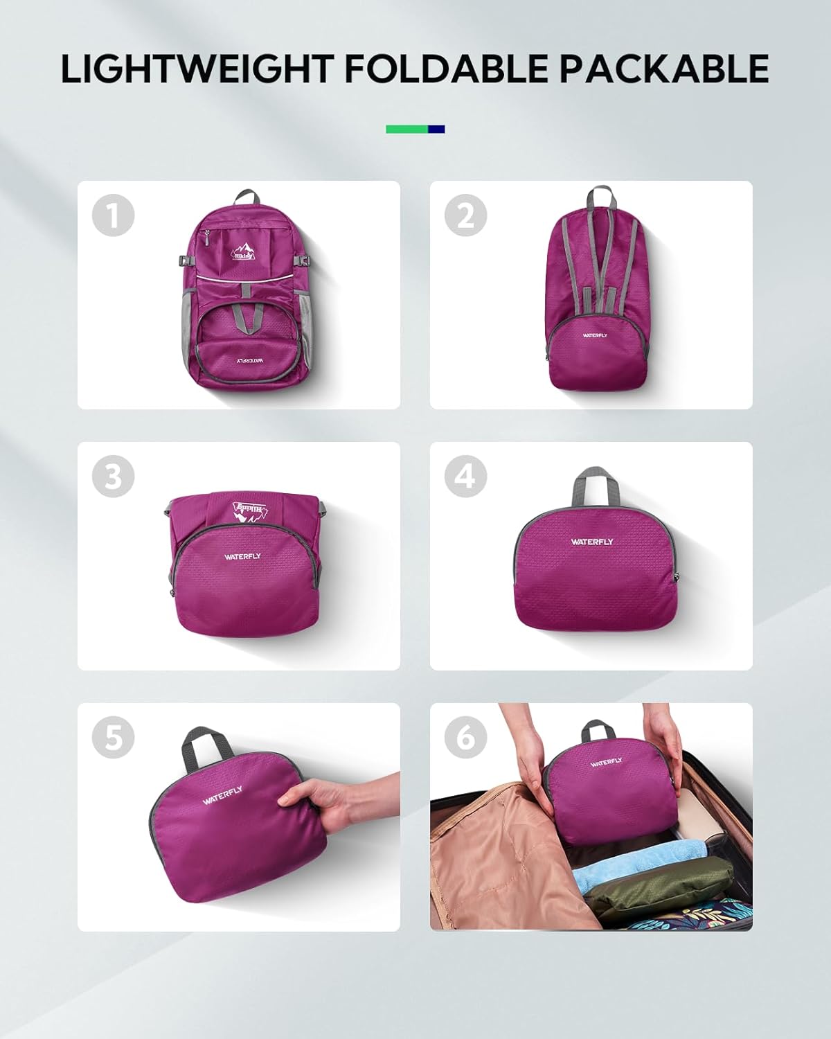 WATERFLY Hiking Foldable Daypack Backpack: 25L Ultra Lightweight Packable Waterproof Outdoor Travel Day Pack for Woman Man