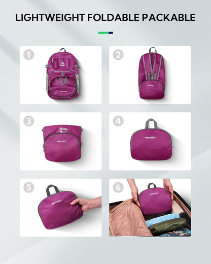 WATERFLY Hiking Foldable Daypack Backpack: 25L Ultra Lightweight Packable Waterproof Outdoor Travel Day Pack for Woman Man