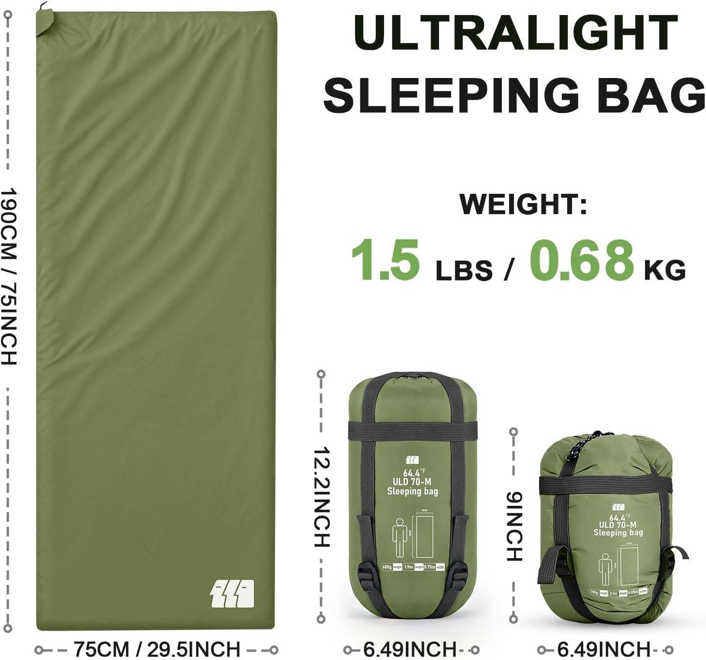 Ultralight Warm Weather Sleeping Bag - Portable, Waterproof, Compact Lightweight, Comfort with Compression Sack - Great for Outdoor Camping, Backpacking & Hiking