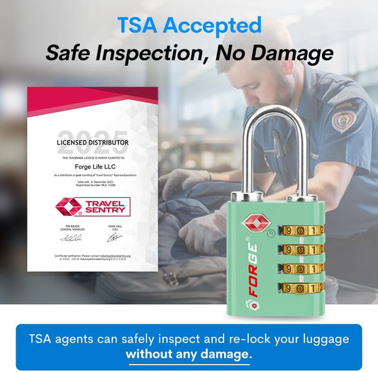 Forge Dual-Opening: Key or Combination Access Lock, TSA Approved Locks for Luggage, Pelican case, Travel, Gym, School, Stainless Steel Shackle. (Green, 2 Pk)