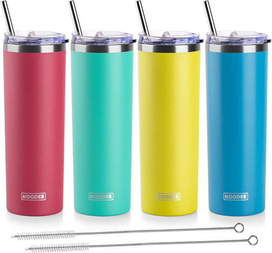 koodee 20 oz Tumbler with Lid and Straw -4 Pack Insulated Skinny Tumblers Stainless Steel Double Wall Water Cup (Yellow/Teal/Sky Blue/Wine Red)