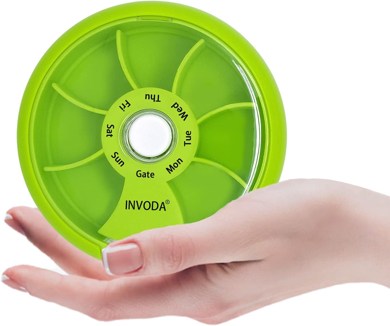 INVODA Weekly Pill Organizer 7 Compartment Rotating Pill Box for Daily Medication & Vitamins - Portable Travel Pill Case Fish Oil Supplements Vitamins Organizer (Green+Bag)