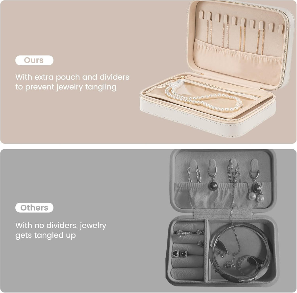 Lolalet Travel Jewelry Case for Women, Travel Jewelry Organizer Box with Mirror & Clear Storage Bag, Small Portable Traveling Earring Necklace Bracelet Ring Case, Bridesmaid Gifts -Medium, White