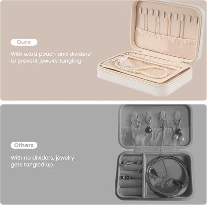 Lolalet Travel Jewelry Case for Women, Travel Jewelry Organizer Box with Mirror & Clear Storage Bag, Small Portable Traveling Earring Necklace Bracelet Ring Case, Bridesmaid Gifts -Medium, White