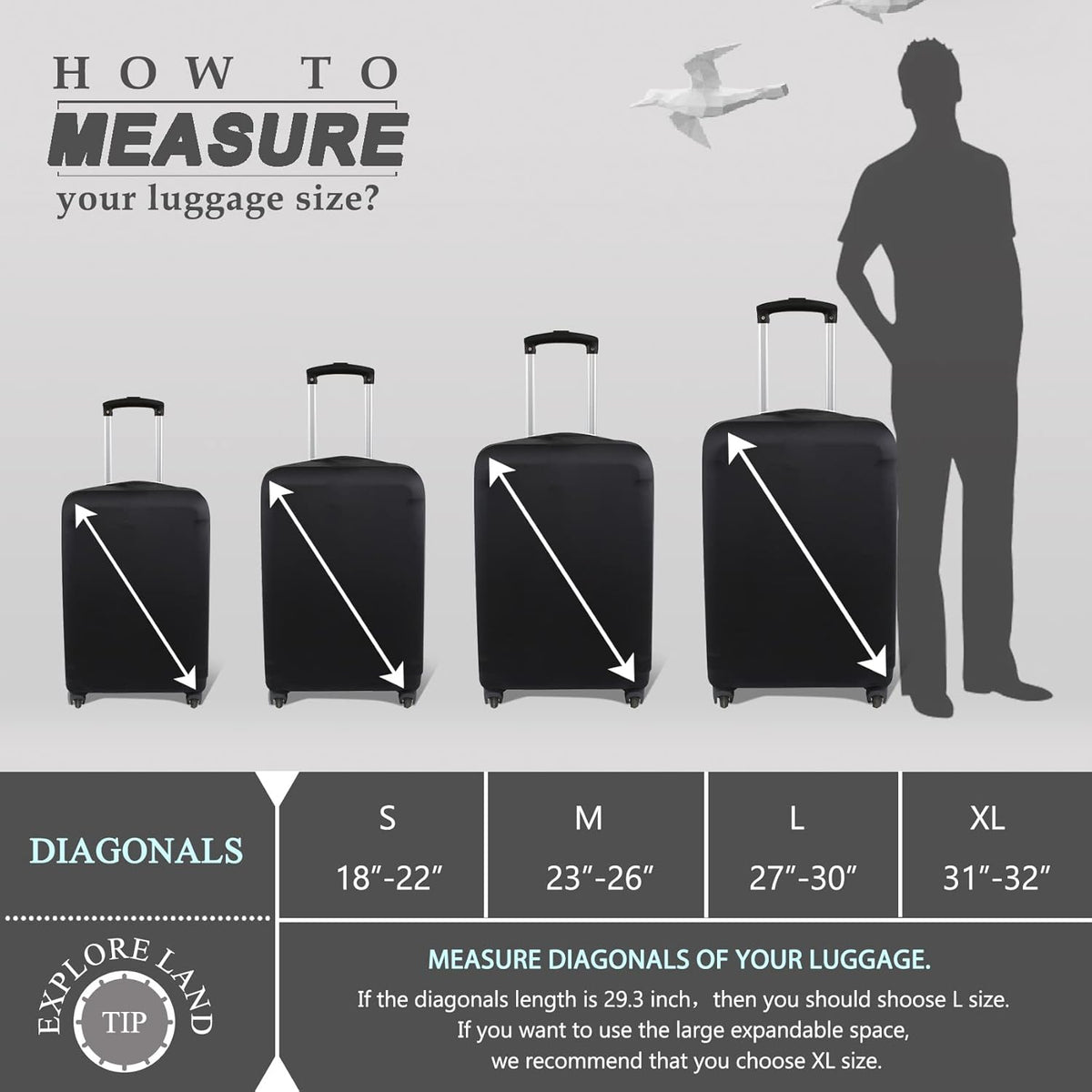 Explore Land Travel Luggage Cover Suitcase Protector Fits 23-26 Inch Case (Black, M)