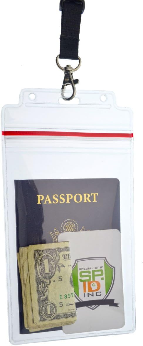 5 Pack - Passport & Vaccination Card Holder - Heavy Duty Waterproof Tear Resistant Sleeve with Zip Top & Premium Breakaway Lanyard - 4X6 Insert for Cruise, Travel, & Beach Vacation Documents
