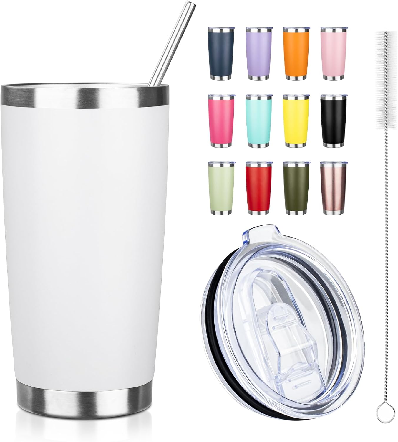 20oz Tumbler with Straw and Brush, Stainless Steel Vacuum Insulated tumbler, Double Wall Insulated Coffee Tumbler for Outdoor, Home, Travel,Office (White,1pcs)