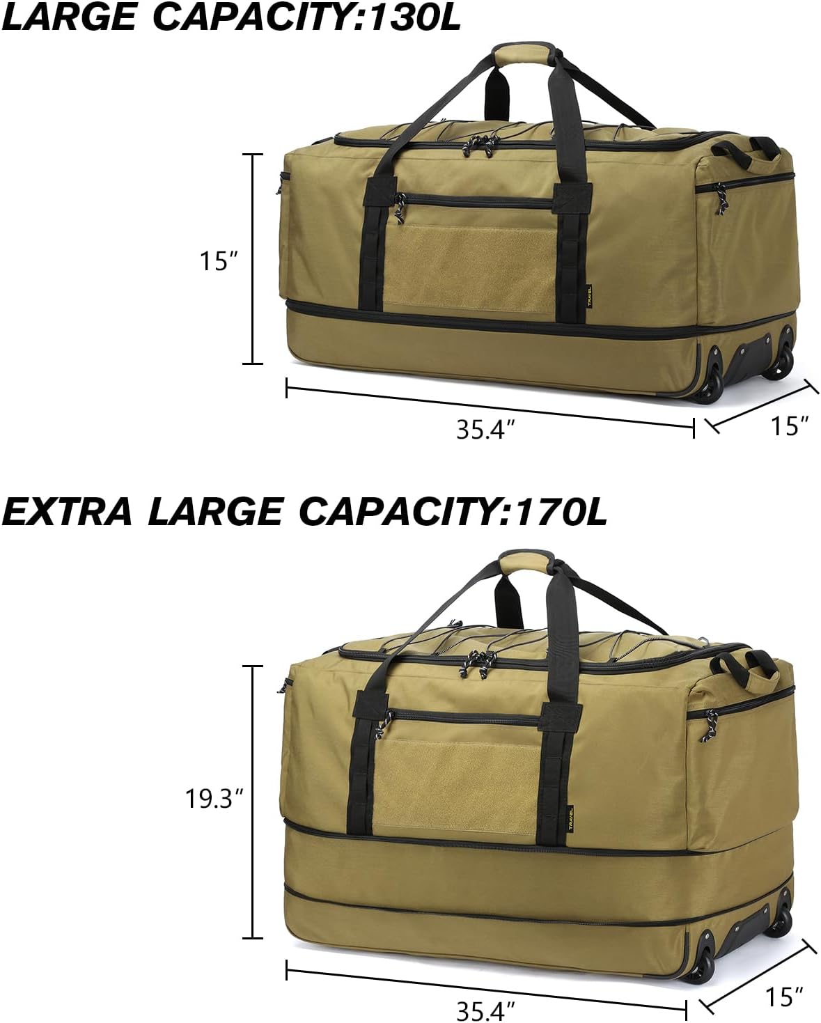 Laripwit Collapsible Duffle Bag with Wheels 130-170L Extra Large Expandable Travel Duffel Bag for Men Women Heavy Duty Military Duffle Bag for Camping Rolling Foldable Carry On Luggage, Brown