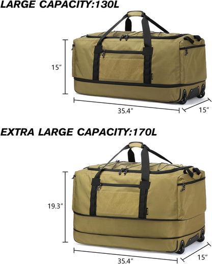 Laripwit Collapsible Duffle Bag with Wheels 130-170L Extra Large Expandable Travel Duffel Bag for Men Women Heavy Duty Military Duffle Bag for Camping Rolling Foldable Carry On Luggage, Brown