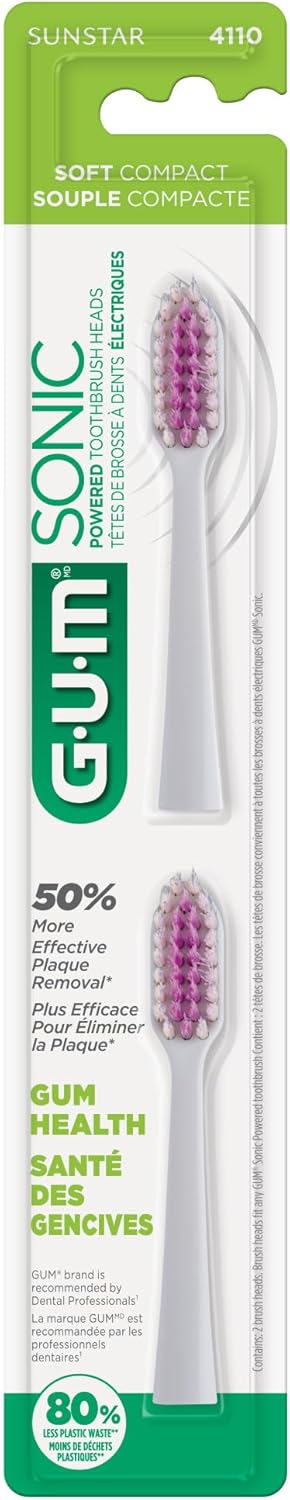 GUM Sonic Powered Toothbrush Refills, Tapered Bristles Clean Below The Gumline, White 2ct. (Pack of 2)