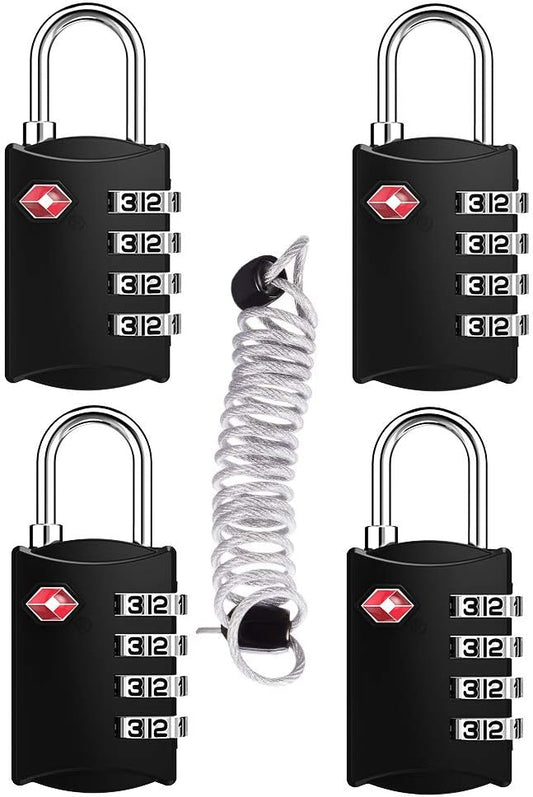 ZHEGE Luggage Lock for Train 4 Pack, 1 Cable (30 Inch), TSA Approved Travel Cable Lock for Backpack, Suitcase, School Gym Locker (4 Pack, Black)