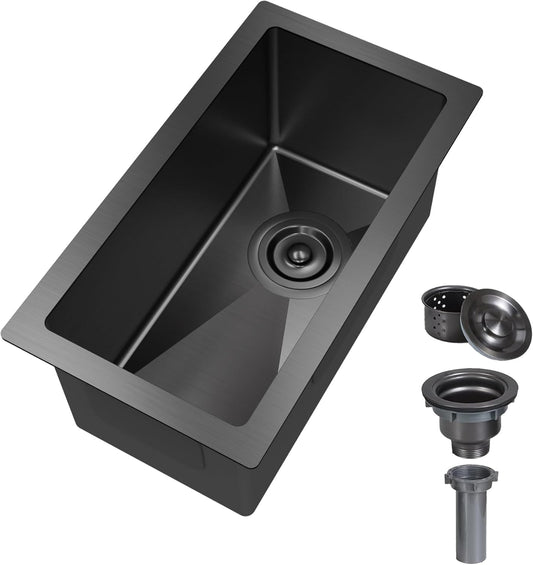 10 inch Bar Sink Undermount, 10x18 inch Small Bar Sink Gunmetal Black Undermount Small Kitchen Sinks 18 Gauge Single Bowl Wet Bar Sinks with Basket Strainer Drain