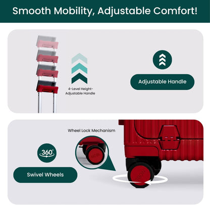 Nobl Travel Carry On Luggage, Noble Zipperless Aluminum Frame PC Hard Shell Suitcase, 22.5x15x9.5 Airline Approved, 360° Spinner Wheels, TSA Locks, USB Charging Port, Cup & Phone Holder - Red