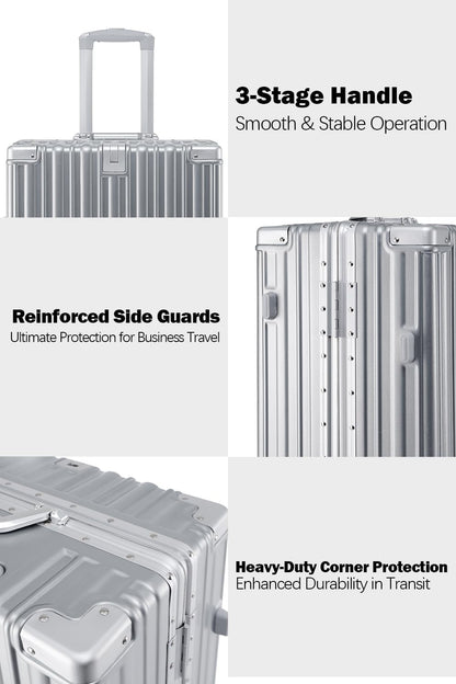 HotWay 26 Inch Aluminum Frame Luggage with Spinner Wheels, PC Hard Shell Suitcase with Cup Holder, Zipperless Luggage for Business Travel, Silver