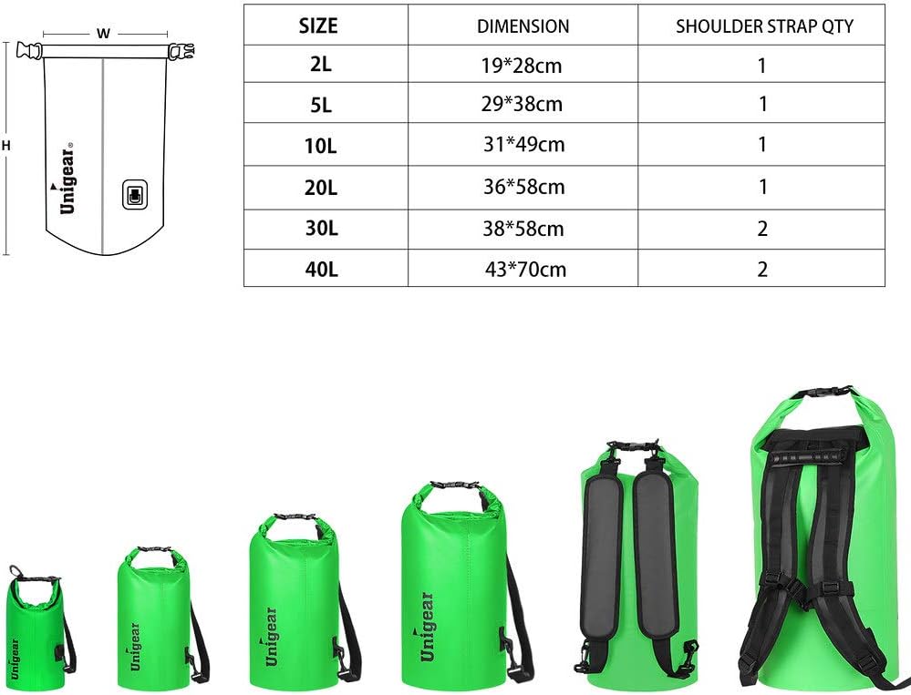 Unigear Dry Bag Waterproof, 2L/5L/10L/20L/30L/40L Floating and Lightweight Bags for Kayaking, Boating, Fishing, Swimming and Camping with Waterproof Phone Case