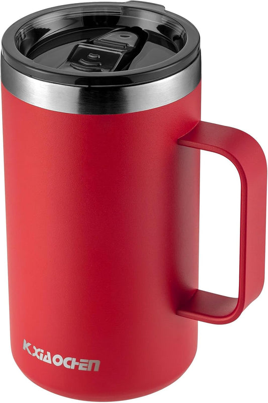 KXIAOCHEN 20oz Insulated Coffee Mug with Lid, Stainless Steel Coffee Cup, Double Wall Vacuum Coffee Tumbler with Handle, Premium Thermal Travel Coffee Mug (Red)