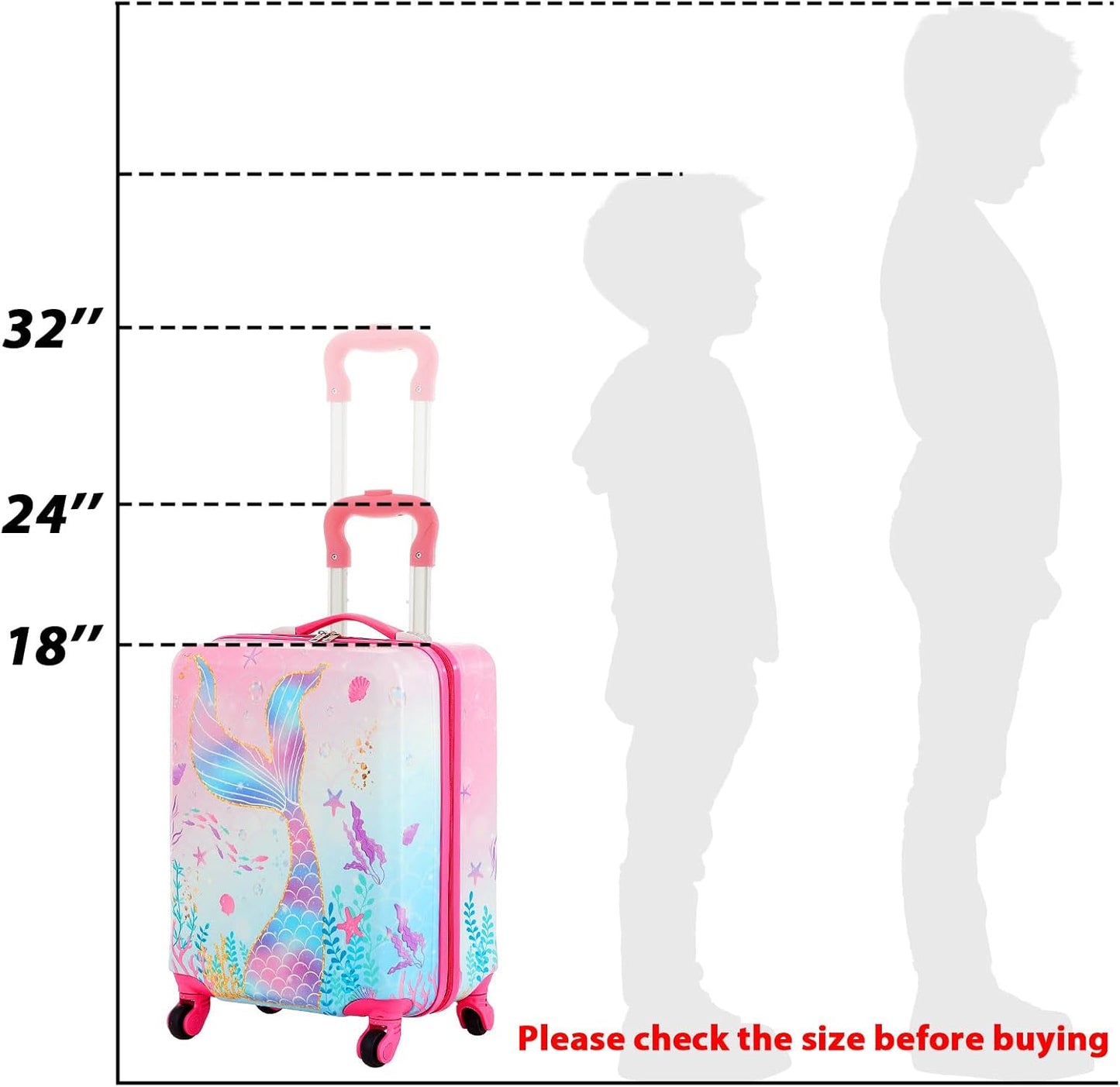 Sanwuta 4 Pcs Kids Luggage Set Kids Backpack Travel Rolling Suitcase with Wheels U-shape Pillow Childrens Gift for Girls Boys(17 Inch,Mermaid's Tail Style,Blue Purple)