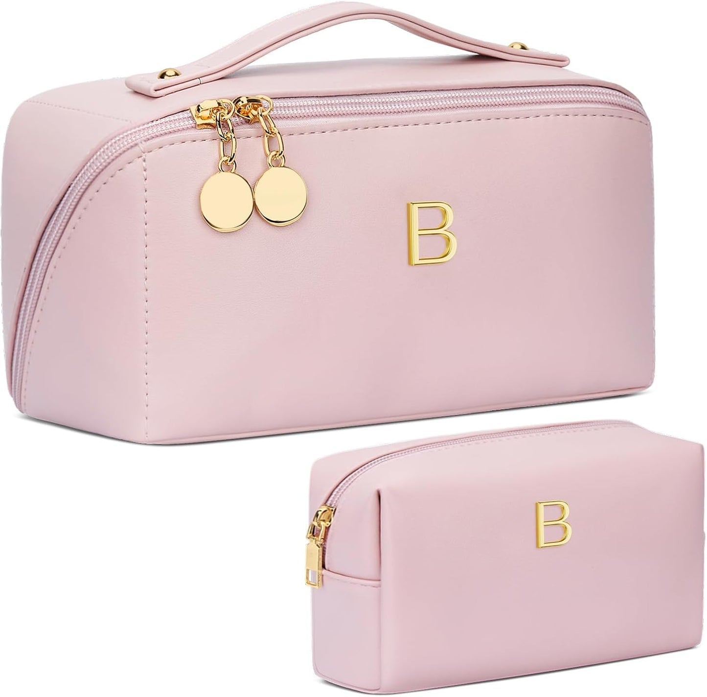 Birthday Gifts for Women Teen Girl, Personalized Initial Makeup Organizer Bag Set, Open Flat Travel Cosmetic Bag With Clear Divider and Handle(Pink,B)