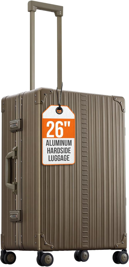 Aleon All Aluminum Lightweight 26" Carry-On Luggage - Hardside Carry-On Suitcase, TSA Approved, Hard Shell Suitcase for Travel, Airline Approved Hard Spinner Wheels Luggage (Champagne)
