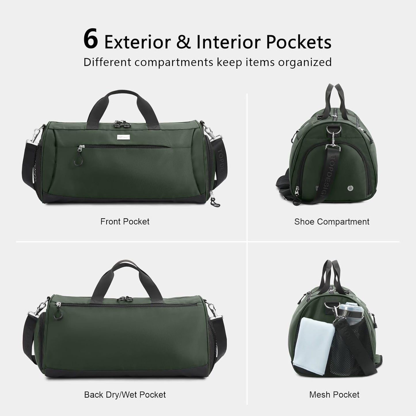 TOPDesign Gym Bag for Women & Men, Unisex Duffel Bag with Shoe Compartment & Wet Pocket for Travel Sports Gym (L Green)