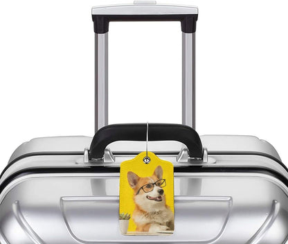 2 Pcs Yellow Luggage Tags for Suitcases Cute Dog with Glasses Pattern Leather Backpack Tag with Stainless Steel Loop Privacy Cover ID Label Travel Bag Tags Luggage Identifiers for Adults Kids Travel