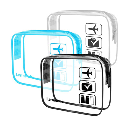 Lermende 2pcs Clear Toiletry Bag TSA Approved Travel Bag,Carry On for Travel,Airport Airline Accessories Compliant Bag,Quart Sized Makeup Cosmetic bag Women Men (Black Gray Blue, 3 Pack)