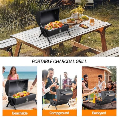 VINGLI Portable Charcoal Grill with Thermometer & Wooden Handle, Multi-functional Metal Compact Tabletop BBQ Outdoor Charcoal Grill for Camping Travel Picnic Patio