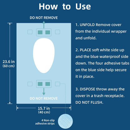 50 Count Disposable Toilet Seat Covers with Secure Adhesive Tabs for a Non-Slip Fit - XL Extra Large, Waterproof, Individually Wrapped for Travel, Kids, Adults, and Public Restrooms