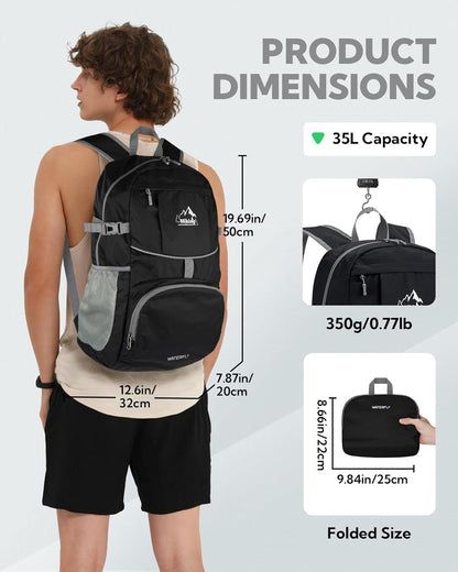 WATERFLY Hiking Foldable Daypack Backpack: 25L Ultra Lightweight Packable Waterproof Outdoor Travel Day Pack for Woman Man