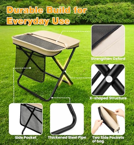 2 Pcs XL Foldable Backpack Stool for Adults, 14.2" Wide Seat & Knee-Friendly Folding Stool Pocket Chair, Portable Chairs, Heavy Duty Collapsible Camping Seat for Fishing Travel - Khaki