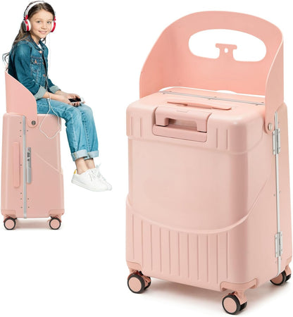 22 Inch TSA Lock Luggage with Seat for Adults and Kids,Check in Lockable Spinner Wheels Suitcase with Seat Belt and Cover (TSA Luggage with Seat Pink)