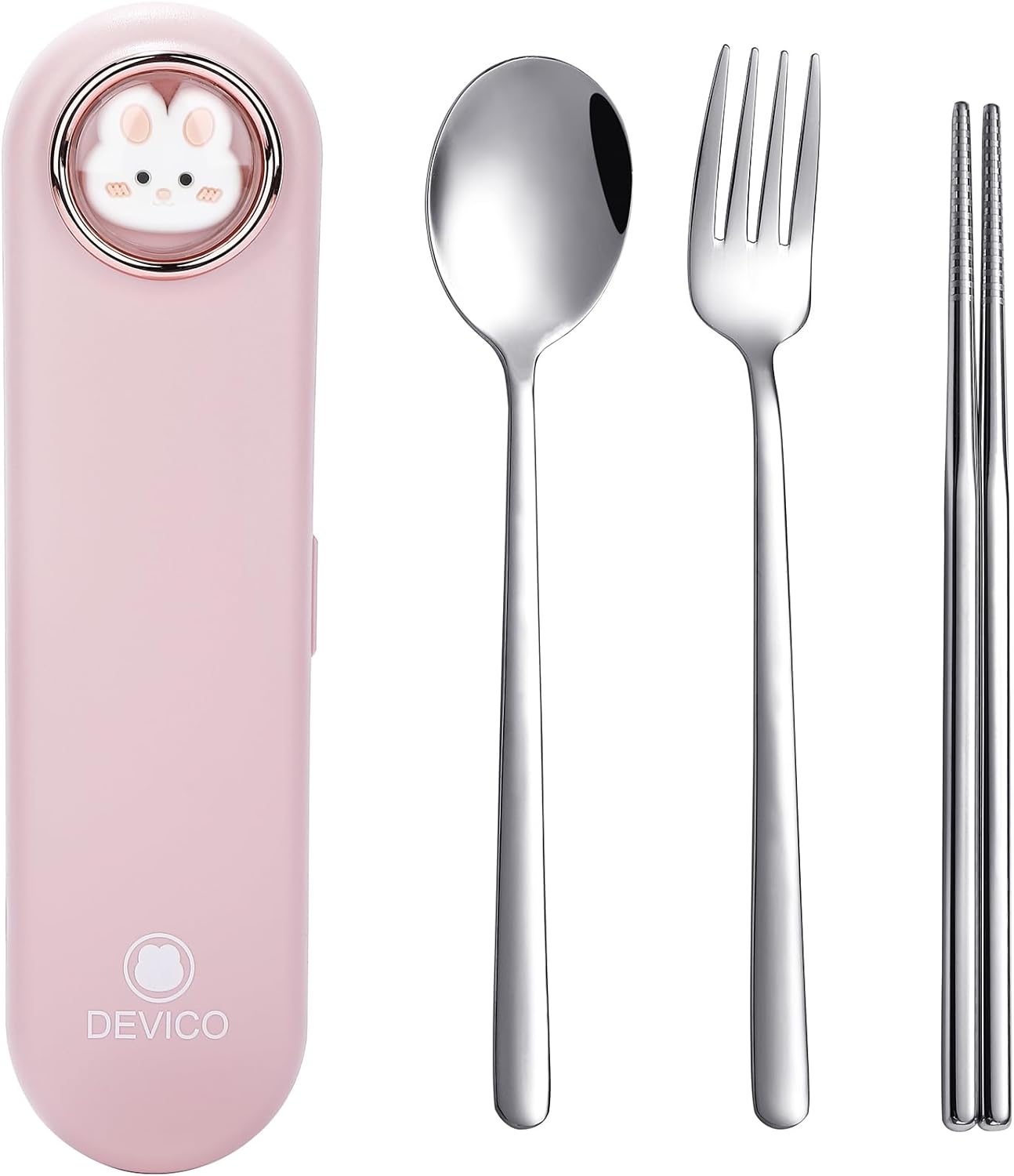 DEVICO Travel Utensils with Case Cute, Reusable Silverware for Lunch, Portable Cutlery Set, 18/8 Stainless Steel Fork Spoon Chopsticks in Cartoon Case, Dishwasher Safe (Pink)