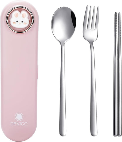 DEVICO Travel Utensils with Case Cute, Reusable Silverware for Lunch, Portable Cutlery Set, 18/8 Stainless Steel Fork Spoon Chopsticks in Cartoon Case, Dishwasher Safe (Pink)