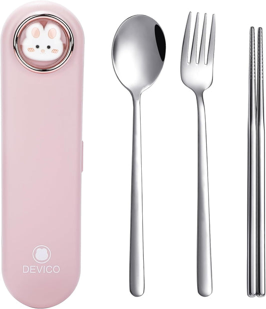 DEVICO Travel Utensils with Case Cute, Reusable Silverware for Lunch, Portable Cutlery Set, 18/8 Stainless Steel Fork Spoon Chopsticks in Cartoon Case, Dishwasher Safe (Pink)