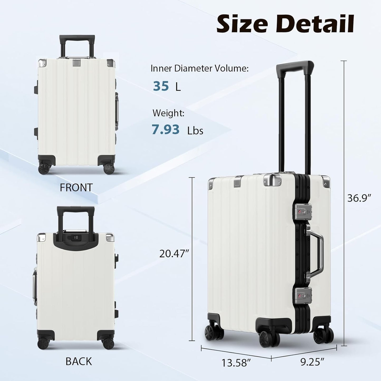 Krute Aluminum Frame Carry On Luggage 20 Inch Zipperless Luggages USB Charger Hardside PC Suitcase With Spinner Wheels Airline Approved Hard Shell Suitcases with TSA Lock (1 Piece)