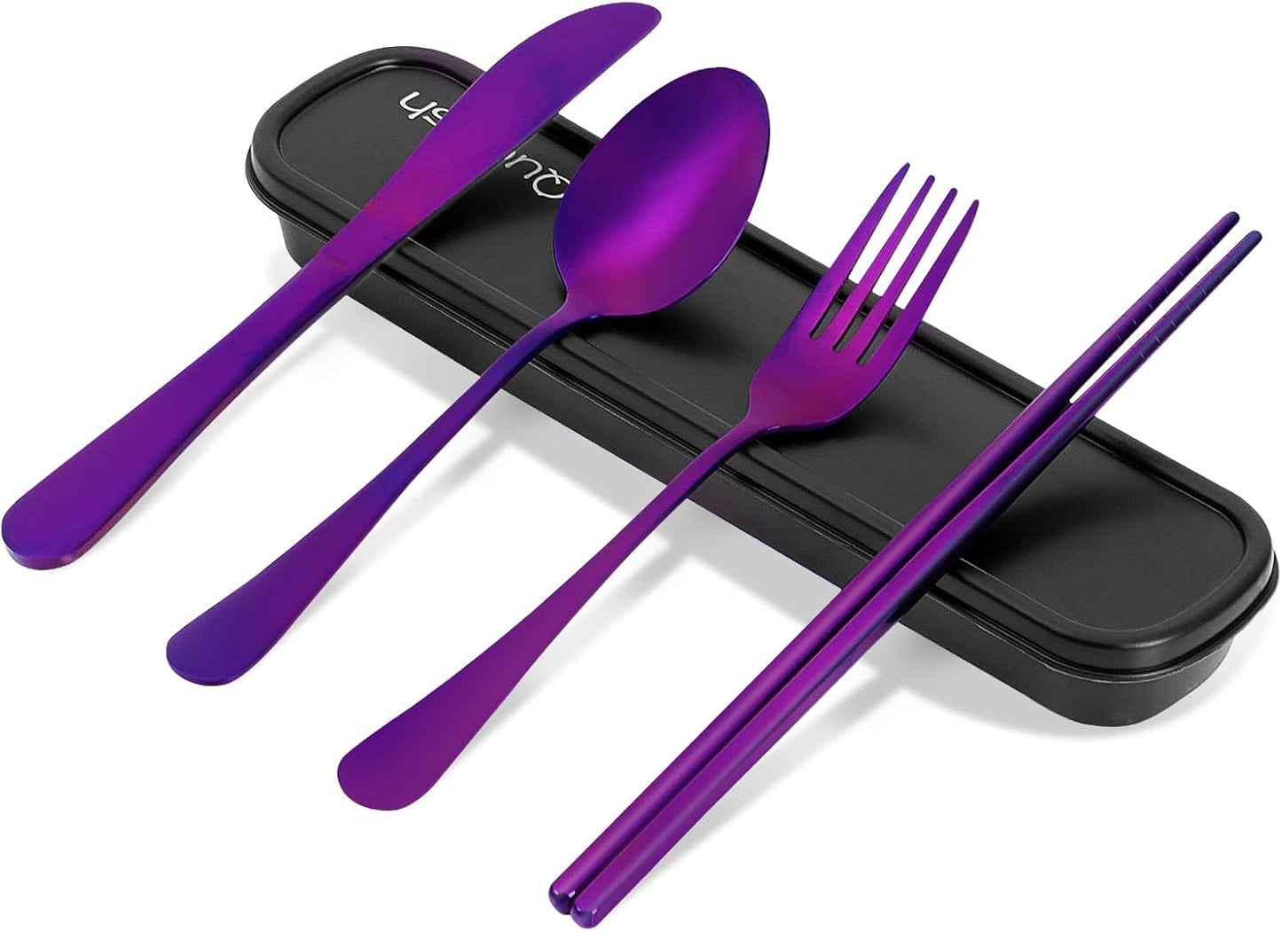 Travel Utensils with Case, Quatish Portable Silverware Set for Work, Stainless Steel Reusable Travel Cutlery Set, Fork and Spoon Set for Picnic, Camping, Gadgets, Lunch Box for Men, Purple