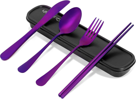 Travel Utensils with Case, Quatish Portable Silverware Set for Work, Stainless Steel Reusable Travel Cutlery Set, Fork and Spoon Set for Picnic, Camping, Gadgets, Lunch Box for Men, Purple